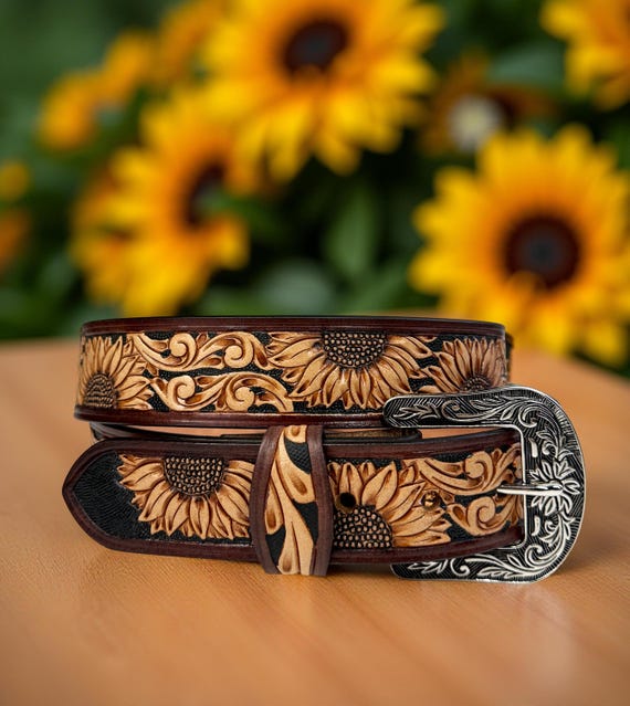 Full Grain Sunflower Genuine Leather Belt Tooled Embossed  display picture 1