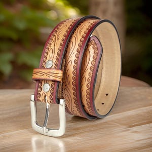 Women Belt Genuine Leather Western Carved Embossed Tooled Cowboy Cowgirl Floral Strap Belt Full Grain Leather Heavy Duty Without Buckle