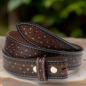 Genuine Leather Western Carved Embossed Tooled Cowboy Cowgirl Floral Strap Belt Full Grain Leather Heavy Duty Without Buckle