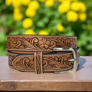Women Belt Genuine Leather Western Carved Embossed Tooled Cowboy Cowgirl Floral Strap Belt Full Grain Leather Heavy Duty Without Buckle
