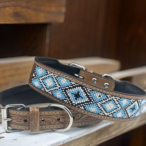 Leather Dog Cat Personalized Western  Collar Beaded Hand Tooled Crafted Padded Genuine Leather Floral Soft Adjustable Collar