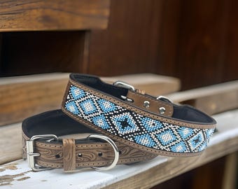 Leather Dog Cat Personalized Western  Collar Beaded Hand Tooled Crafted Padded Genuine Leather Floral Soft Adjustable Collar