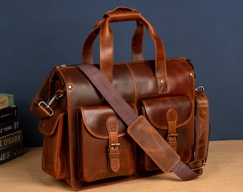 Personalized Vintage Large Leather Briefcase For Men, Travel Leather Laptop Bag, Full Grain Leather Messenger Bag, Handmade Crossbody Bag