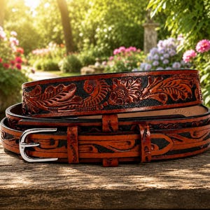 May include: A brown and black leather belt featuring an intricate floral and leaf pattern embossed across the surface. The belt includes a polished silver-tone metal buckle and a series of matching leather loops, coiled on a wooden surface.