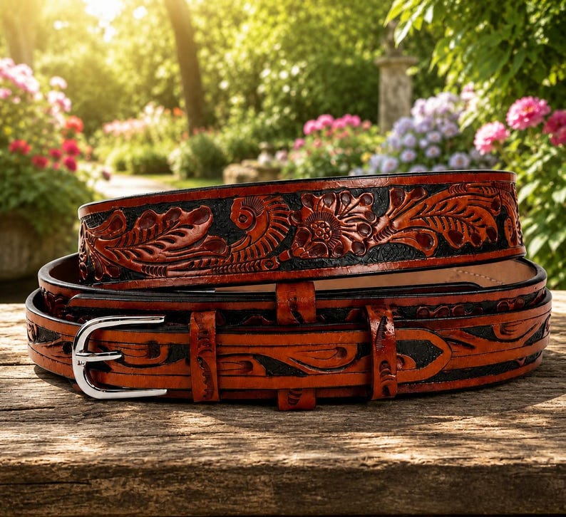May include: A brown and black leather belt featuring an intricate floral and leaf pattern embossed across the surface. The belt includes a polished silver-tone metal buckle and a series of matching leather loops, coiled on a wooden surface.