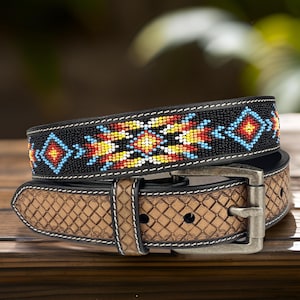 Beaded Leather Tooled Western Engraved Leather Belt 100% Genuine Full Grain Cowhide Engraved Personalized Handmade Genuine Cowboy Belt
