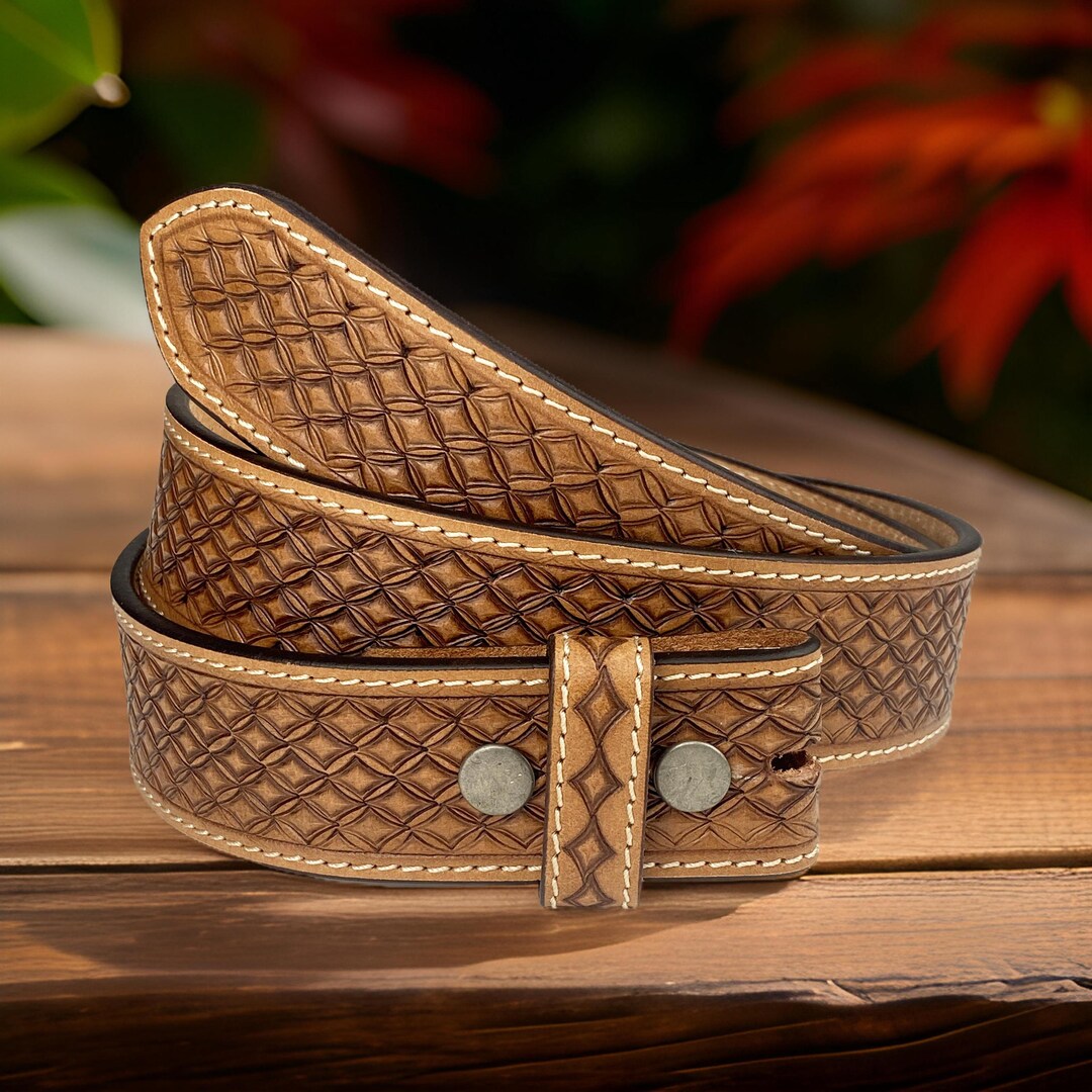 Western Tooled Leather Belt Strap - 1.5" Brown Floral Engraved, Snap-On For Interchangeable Buckles (Size 32) - View #12