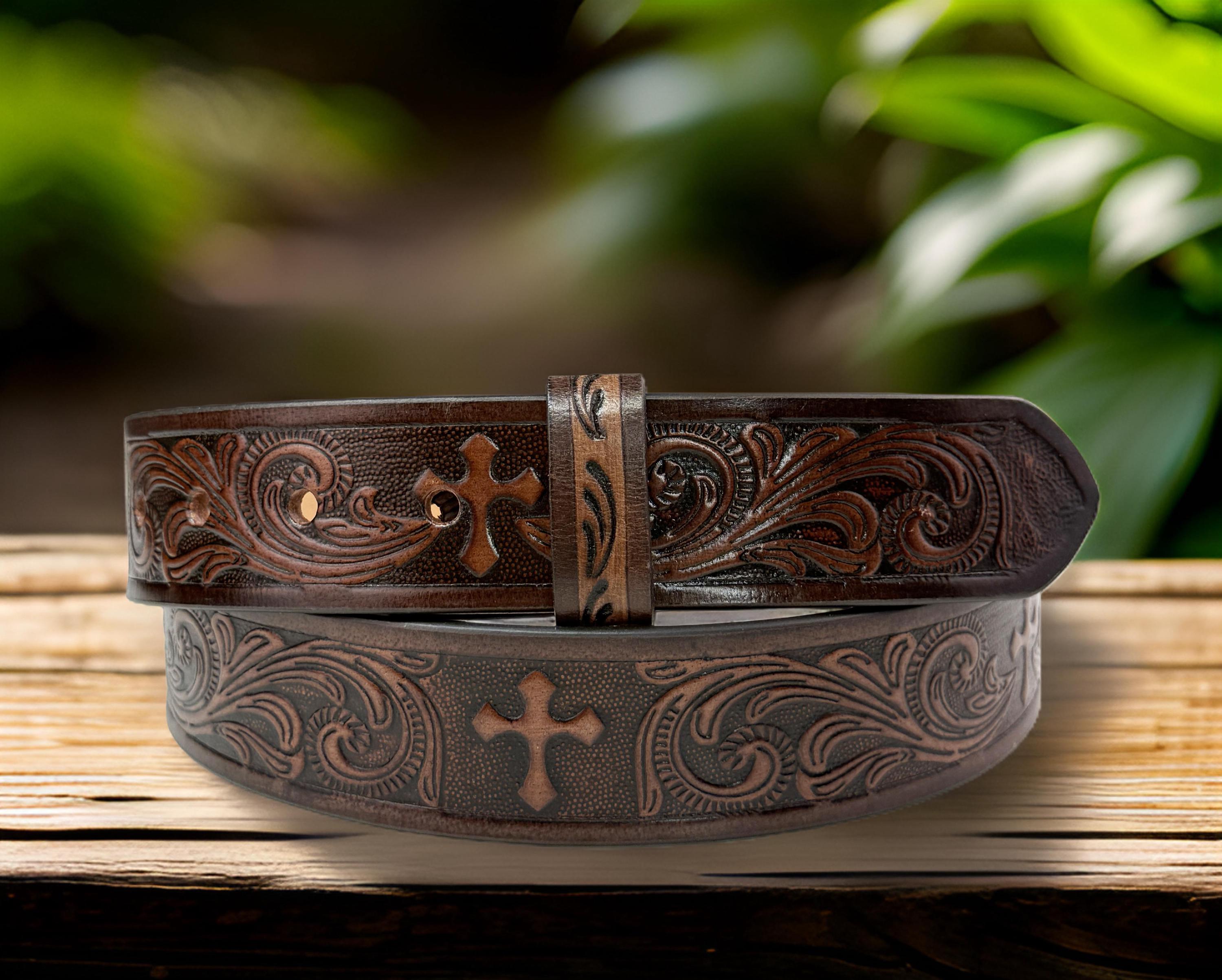 Women’s Brown Brass Bucle Wide Belt With An Embossed Stamped Cut Out Design Boho Womens Boho Embossed Leather Belt - Etsy main image 2