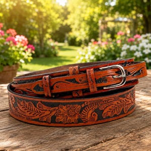 May include: A tan leather belt featuring intricate floral tooling and a dark black background within the carved patterns. The belt includes a silver-toned metal buckle and a matching leather keeper loop, coiled on a weathered wooden surface.