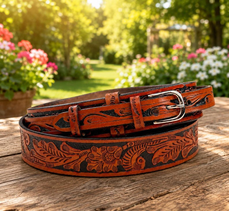 May include: A tan leather belt featuring intricate floral tooling and a dark black background within the carved patterns. The belt includes a silver-toned metal buckle and a matching leather keeper loop, coiled on a weathered wooden surface.