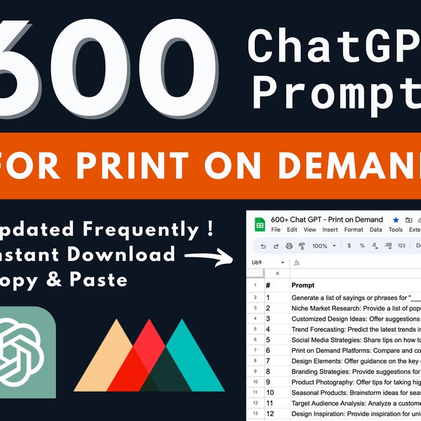 600 ChatGPT Prompts for Etsy Print on Demand Store Chat GPT Prompts For Productivity Print on Demand Increase Sale Instant Download AI Store