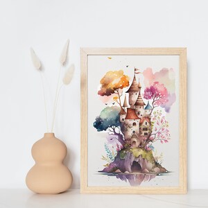 Fairytale Castle by the Water Multi-Color| Watercolor painting| Kids Art| Fantasy Art| Digital Art| High-resolution