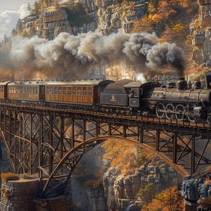 Puede incluir: Un tren de vapor antiguo, con una locomotora negra y vagones, cruza un puente de acero. El tren emite una gran nube de humo sobre un telón de fondo de acantilados rocosos y follaje otoñal. El puente tiene un diseño arqueado.