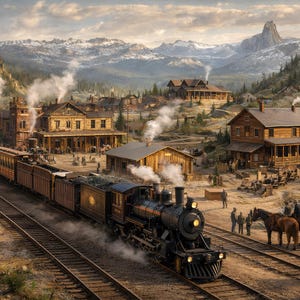 Pode incluir: Uma ilustração de um comboio a vapor vintage a viajar por uma cidade do oeste. O comboio é preto e dourado, com fumo a sair da sua chaminé. Edifícios e montanhas ao fundo.