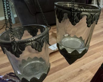 Portavelas votivo colgante marroquí vintage de cristal con cadena larga