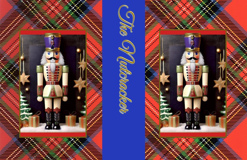 May include: A festive image featuring a Nutcracker soldier with a purple hat, white beard, and detailed uniform. The background includes Christmas trees, stars, and gift boxes, all set against a red and green plaid pattern. The text "The Nutcracker" is displayed.