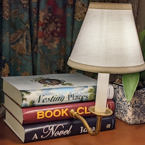 May include: A white lampshade with a beige trim sits on top of a stack of three books. The top book has a bird's nest on the cover and the text "Nesting Places". The middle book has the text "BOOK CLUB" and the bottom book has the text "A Novel Idea".