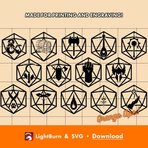 Class D20 Dungeons & Dragons - RPG Outline and Silhouette files - SVG and Lightburn - DnD Vector Artwork Icons, Dice, Bard, Ranger, Paladin