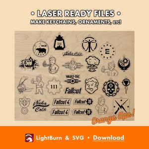 Fallout Keychains - Laser engrave / cut files - SVG, AI, Lightburn - File Download, Wood, Acrylic, Vault Boy, Tec, Nuka Cola, Raiders, Vault