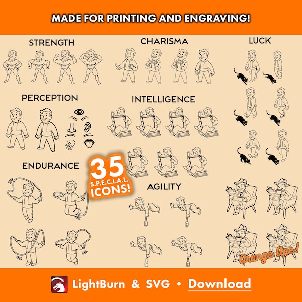 Icônes de statistiques spéciales Fallout 4, SVG et brûlures de lumière, S.P.E.C.I.A.L, force, chance, charisme, intelligence, perception, agilité, endurance