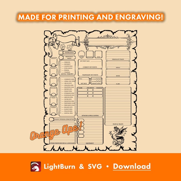 Character Sheet - Laser Engrave, Laser Cut, & Printing - SVG and Lightburn Download, Wood, Gift, Dungeons, Dragons, Info, Page, Customize