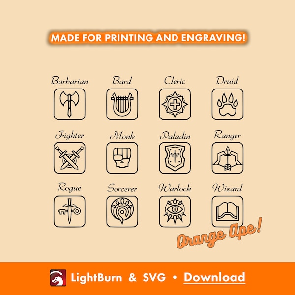 Dungeons & Dragons Class Symbol SVG - RPG Outline and Silhouette files - SVG and Lightburn - DnD, Bard, Paladin, Rogue, Vector artwork icons