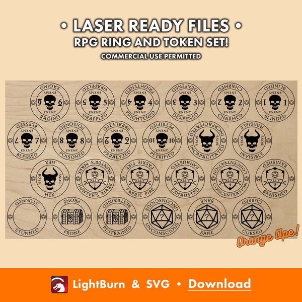 Dungeons & Dragons Ring and Tokens Set - RPG Engrave / Cut Files - SVG, Lightburn - DnD Vector artwork icons, Monster, Ally, Modifier, Loot