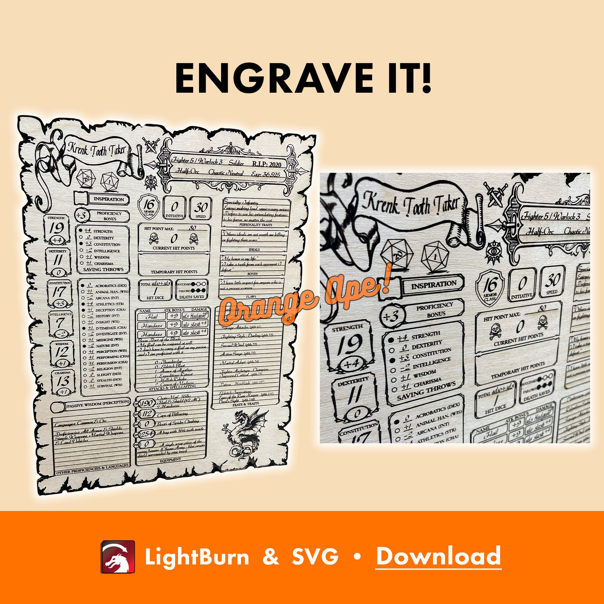 Character Sheet Laser Engrave, Laser Cut, & Printing SVG and Lightburn