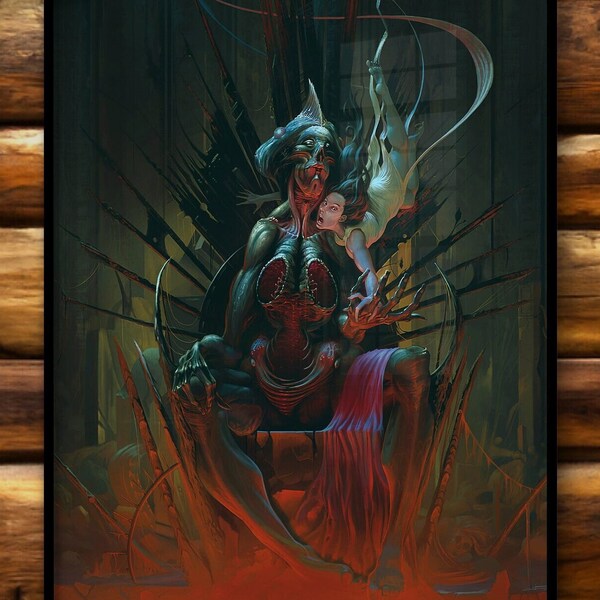 Pulp Horror Comics illustration Download , Retro Fantasy Home Decor Wall Art , Artwork Hell Monster Creature Woman Death Throne Metal Heads