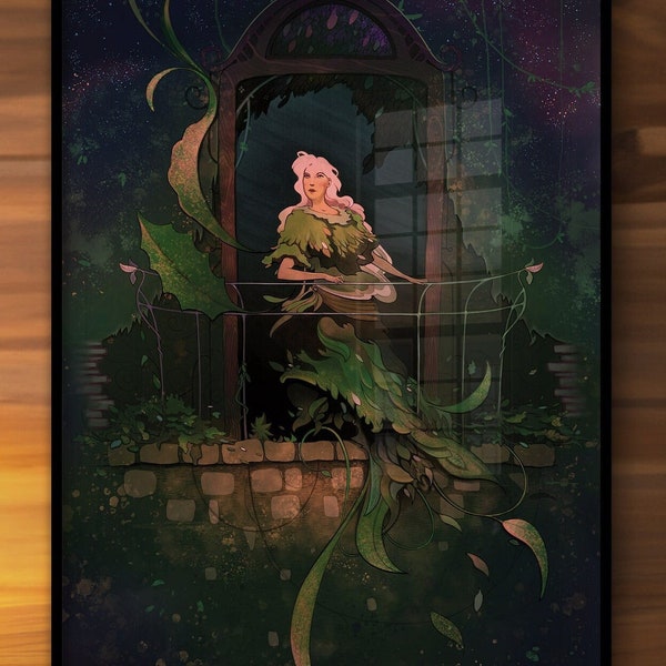 Retro Fantasy illustration Art Download , Classic Painting Home Decor , Mysterious Dreamy Gloomy Lady Spirit Balcony Window Vines Plants