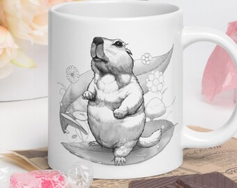 Chunky Cute Marmot Drawing Mug 11 15 20 oz Prairie Dog Hand Drawn Original Coffee Cup , Fun Groundhog Teacup for Animal Lovers & Family Gift