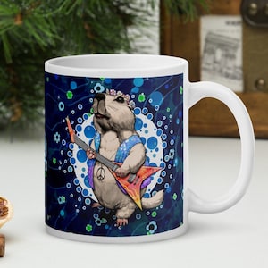 Marmot Mug, Surf Rock Hippie Beaver Cartoon Cup, Funny Animal Gift for Guitarist, Flower Power Prairie Dog Coffee Teacup, Boho Gift for Dad