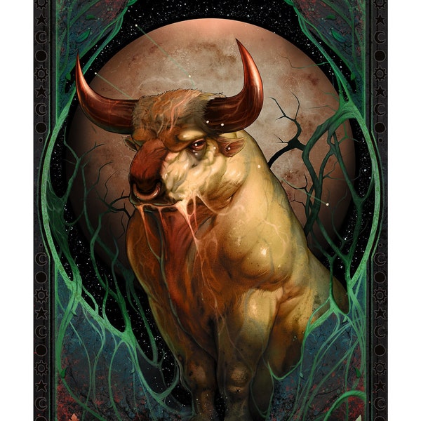 Dunkles Horoskop Stier Handgemachter Kunst Download, Erdzeichen Retro Fantasy Kunstwerk, 70er 80er Jahre Horror Comics Astrologie Raumdekor Geburtstagsgeschenk