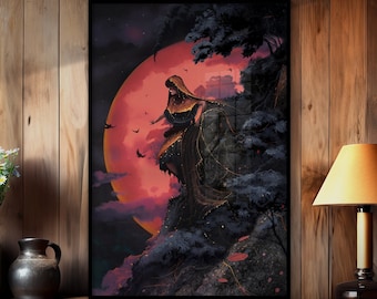 Handmade Fantasy illustration Art Print 61x91cm , Blood Moon Witch Dark Retro Wall Decor , Night Woods Magical Lady Original Artwork Poster