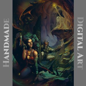 Illustration fantastique de science-fiction, fantaisie rétro sombre à télécharger pour la décoration de la chambre des métalleux | Evil Mage Goblins Demons hantant Héroïne Aventurier