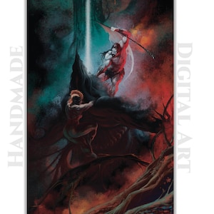 Illustrazione digitale fantasy oscura, senza intelligenza artificiale - Scarica l'illustrazione di un combattimento epico di un cacciatore di demoni - Illustrazione di battaglia eroica retrò disegnata a mano