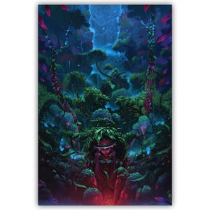 Stampa artistica da parete con meditazione zen, fantasia mistica, decorazione per la consapevolezza, illustrazione di foresta tropicale, opera d'arte botanica, cascata magica nella palude
