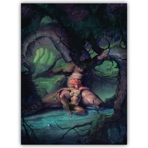 Illustrazione di una strega della palude, stampa di fumetti fantasy dark, decorazione da parete Wicca, donna selvaggia e mostro gigante retrò surreale della foresta.