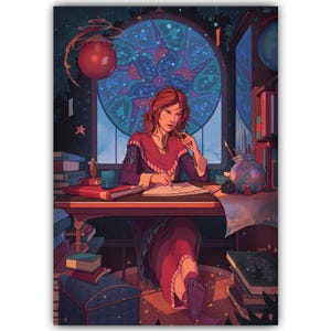 Print boekenliefhebbers, magische bibliotheek tovenaarmeisje, fantasieillustratie, verhalenboekkunst aan de muur, decor leeshoek