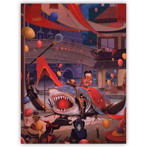 Funny art Quirky illustration PRINT for comedy buffs room decor Venice Carnival Artwork Retro wall art Fantasy Shark intricate painting