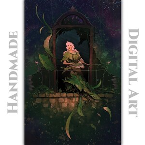 Whimsical Fairy Garden Wall Art Print – Enchanted Balcony Illustration, Mystical Greenery Decor