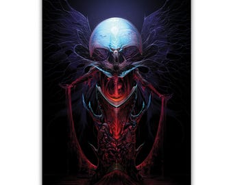 Puede incluir: Una ilustración digital de fantasía oscura que presenta una figura esquelética central con una cabeza de orbe azul brillante, alas oscuras expansivas y un torso rojo. La figura se encuentra sobre un charco de líquido rojo y patrones oscuros.
