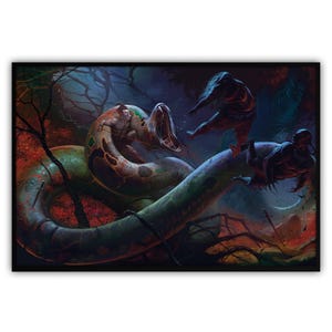 Episk mörk fantasy serietidningar illustration TRYCK NEJ Ai, Pulp Horror väggkonst, Gamer dekor Anakonda orm barbar krigare strid natur kraft