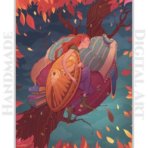 Fantasy illustration Print , Sweet Dreams Kids Wall Art Room Decor , Magical Fairy Tale Girl Dreaming Woods Sleeping Dreamy Magic Surreal