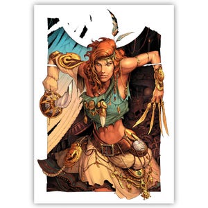 Arte de cómics en color, ilustración de chica pirata rebelde (DESCARGA), arte mural de Femme Fatale, ilustración de fantasía de la Reina Forajida, dibujo con tintas digitales