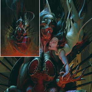 May include: A dark, monstrous creature with a gaping maw and sharp teeth, holding a woman in a white dress who is reaching out with her hand. The creature is sitting on a throne-like structure with sharp, jagged edges.