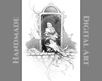 Fantasy Drawing Art Print, Cottagecore illustration, Hand Drawn Retro Wall Decor, Black White Poster, Mysterious Balcony Lady, Gift for Her