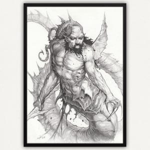 Dämon Illustration — Dark Fantasy Bleistift-Zeichnung, Hand-gerenderte mythische Wasserkreatur Kunst, Original A5 einzigartige Graphitkunstwerk