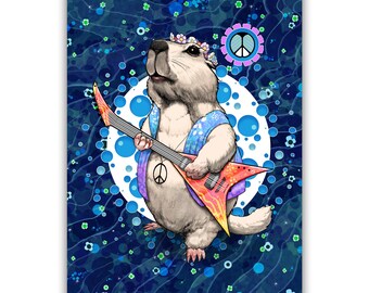 Marmot illustration print, Hippie Wall art, Surf Rock decor, Peace & Love nursery decor, Hand drawn animal baby room art, Hamster kids gift