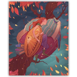 Stampa artistica fantasy "Magiche notti autunnali", decorazione da parete per bambini con dolci sogni, ragazza delle fiabe che sogna nel bosco, sogno magico surreale.